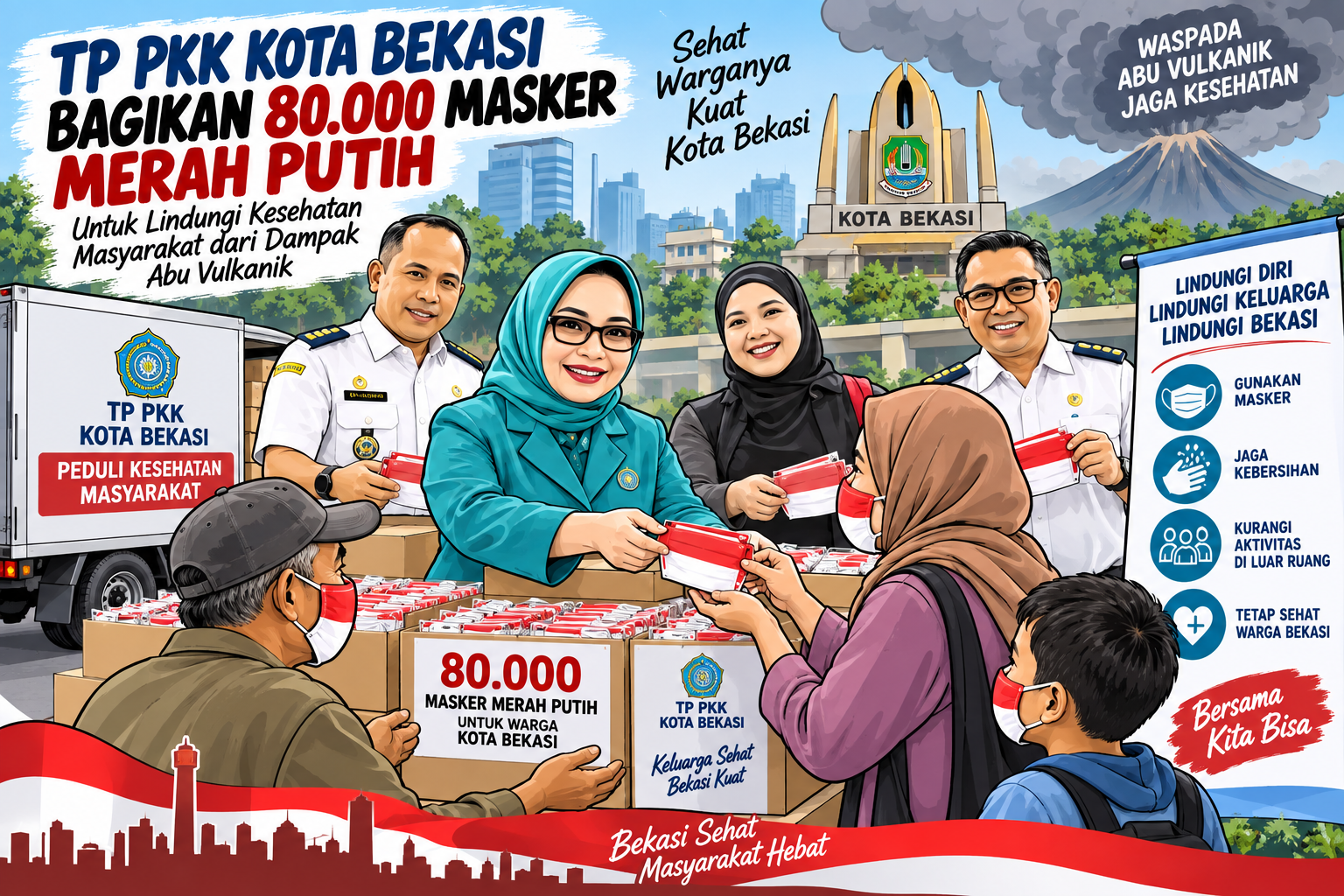 Antisipasi Abu Vulkanik, TP PKK Kota Bekasi Bagikan 80 Ribu Masker Merah Putih ke Masyarakat